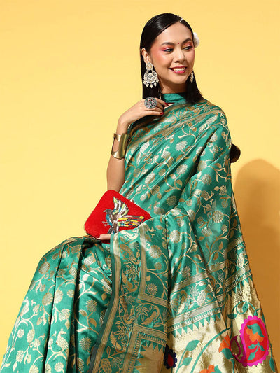 Silk Blend Teal Green Woven Designer Saree With Blouse Piece - Odette