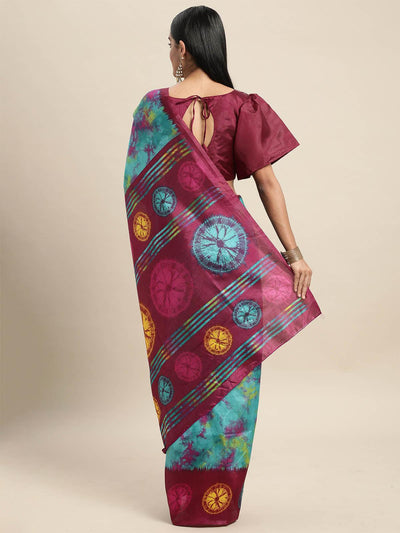 Silk Blend Turquoise Printed Saree With Blouse Piece - Odette