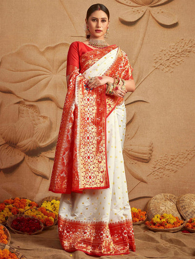 Silk Blend White and Red Woven Designer Saree - Odette