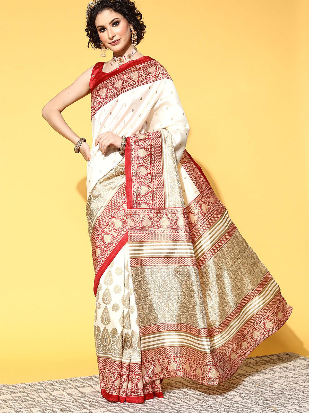 Silk Blend White Woven Designer Saree With Blouse Piece - Odette