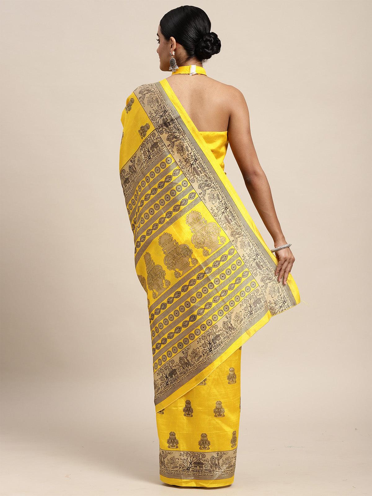 Silk Blend Yellow Printed Saree With Blouse Piece - Odette