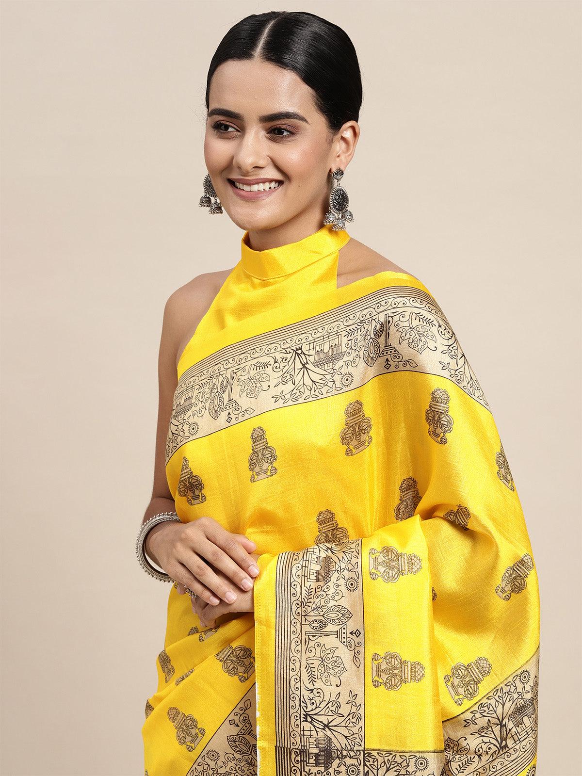 Silk Blend Yellow Printed Saree With Blouse Piece - Odette