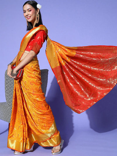 Silk Blend Yellow Woven Design Saree With Blouse Piece - Odette