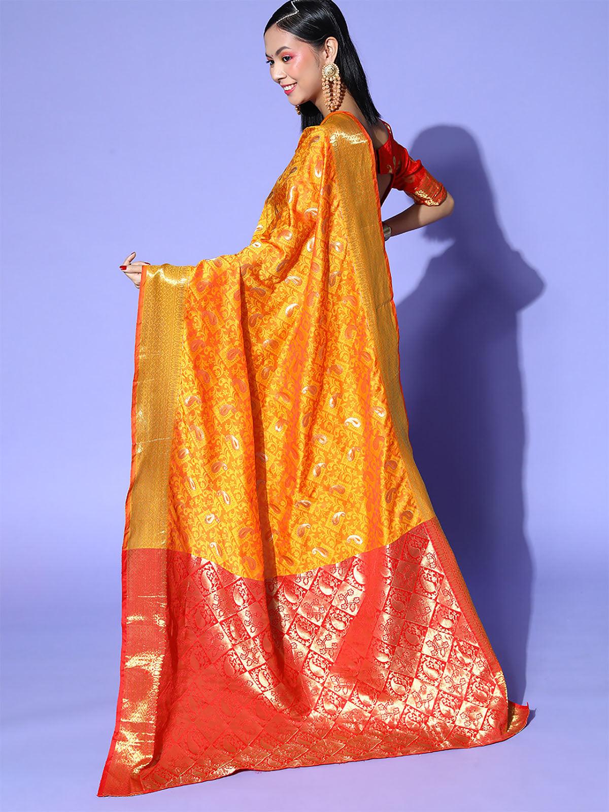 Silk Blend Yellow Woven Design Saree With Blouse Piece - Odette