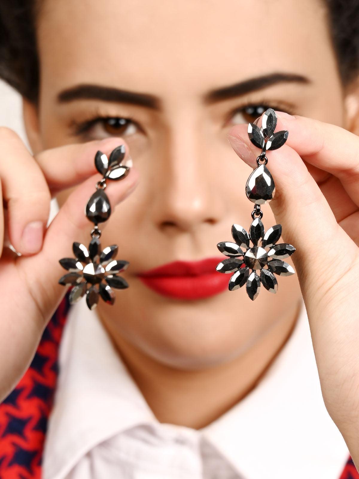 Silver Floral Crystal Drop Earrings - Odette