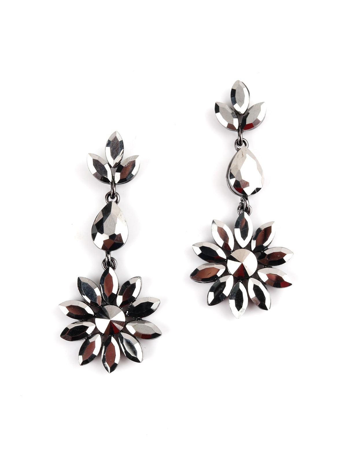 Silver Floral Crystal Drop Earrings - Odette