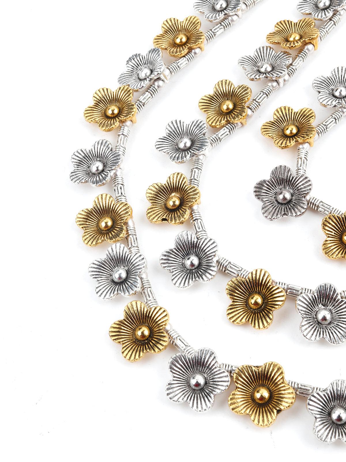 Silver-Gold Antique Floral pattern Layering Necklace - Odette