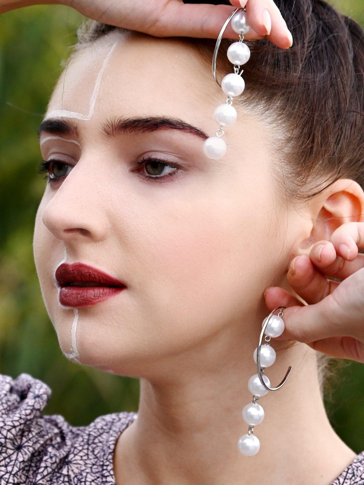 Silver Hoop Earrings with Pearls - Odette