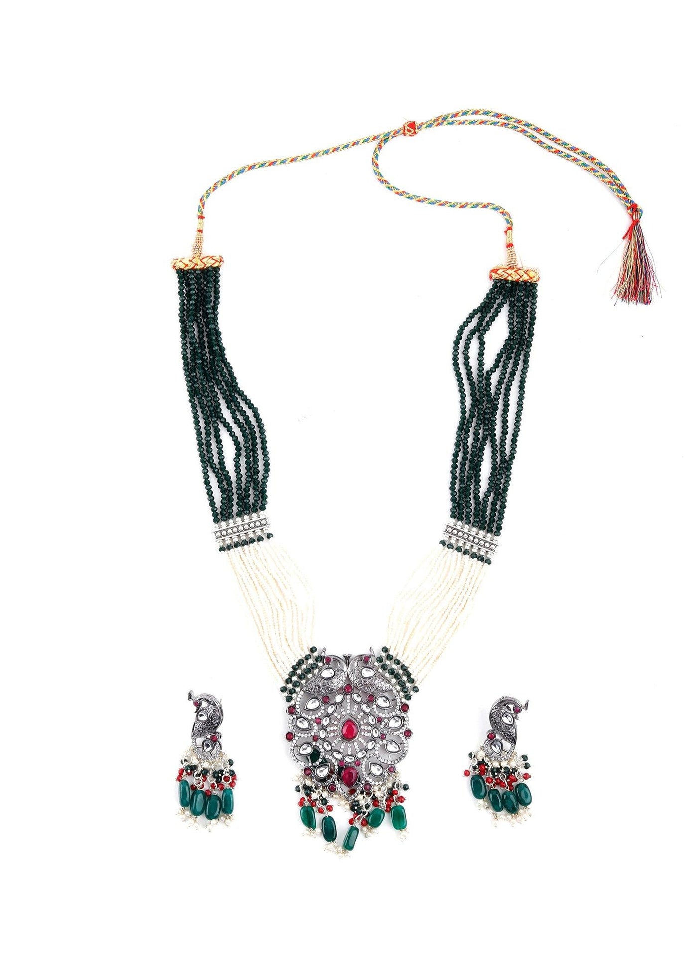 Silver Peacock Rani Haar Necklace Set - Odette