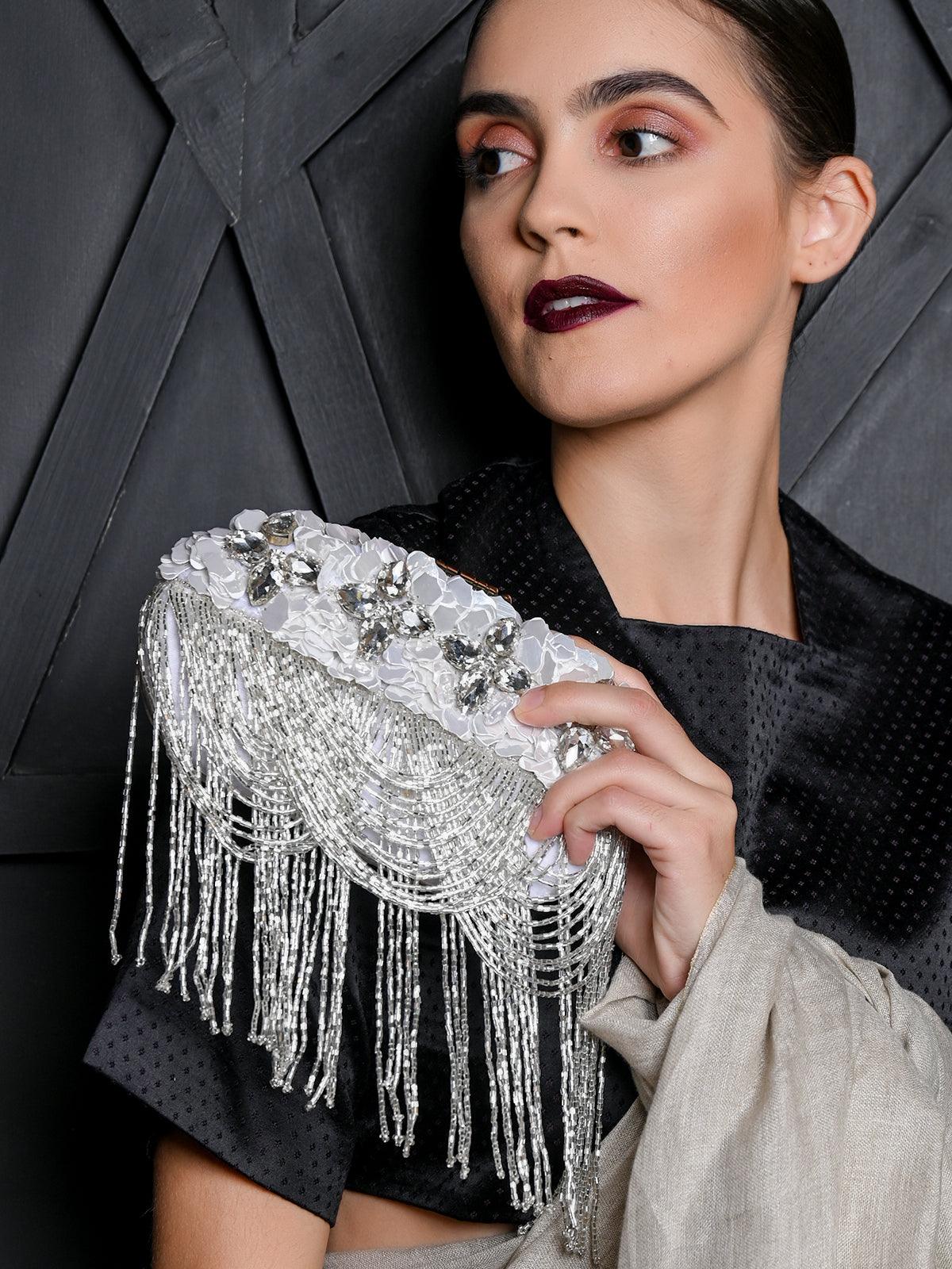 Rhinestone Embellished Clutch Evening Bag Purse - Silver Clear – Sophia  Collection