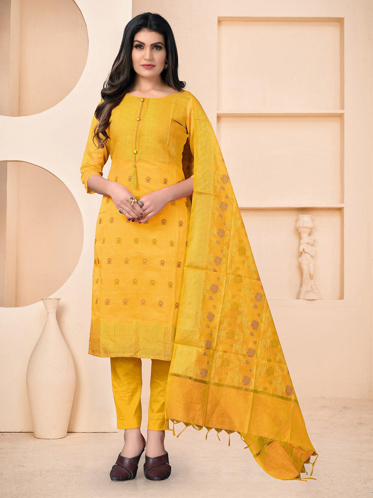 Simple Yellow Banarasi Jacquard Wevon Designer Kurta Set - Odette