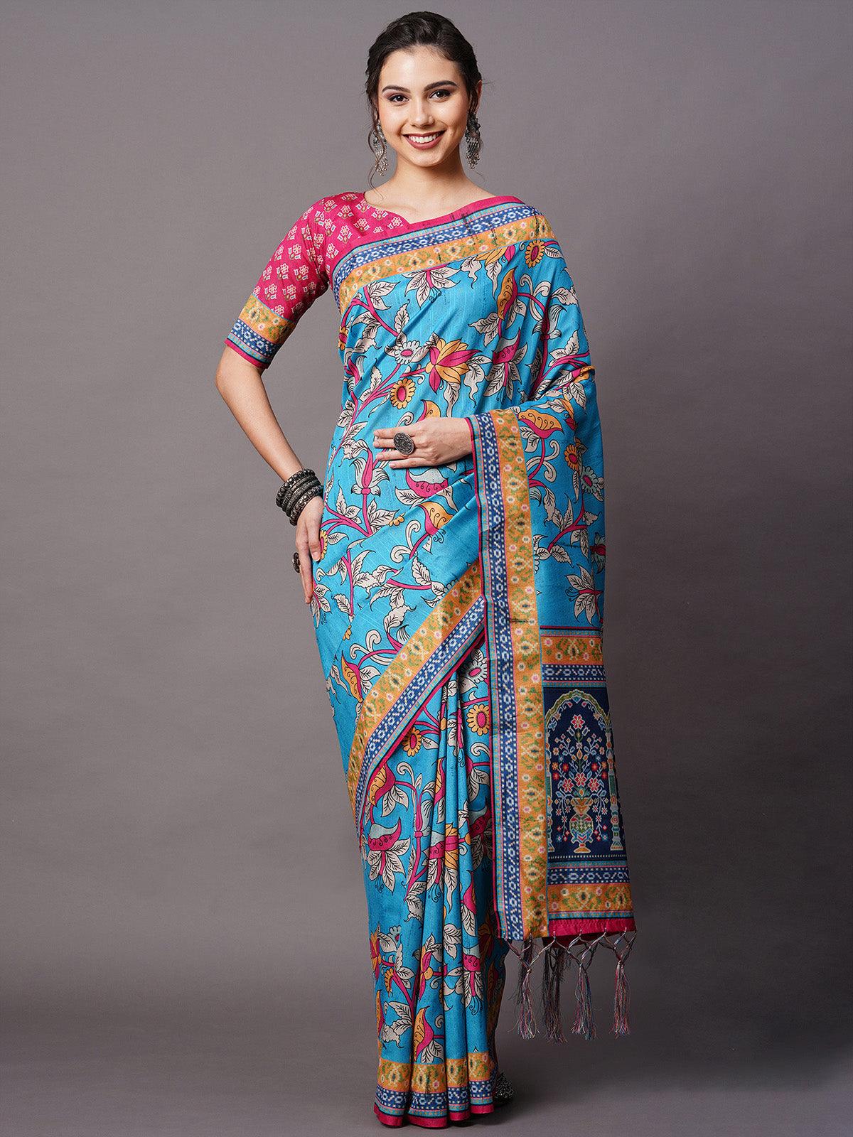 Sky blue Festive Bhagalpuri Silk Printed Saree With Unstitched Blouse - Odette