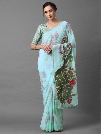 Sky Blue festive Georgette Printed Saree With Unstitched Blouse - Odette