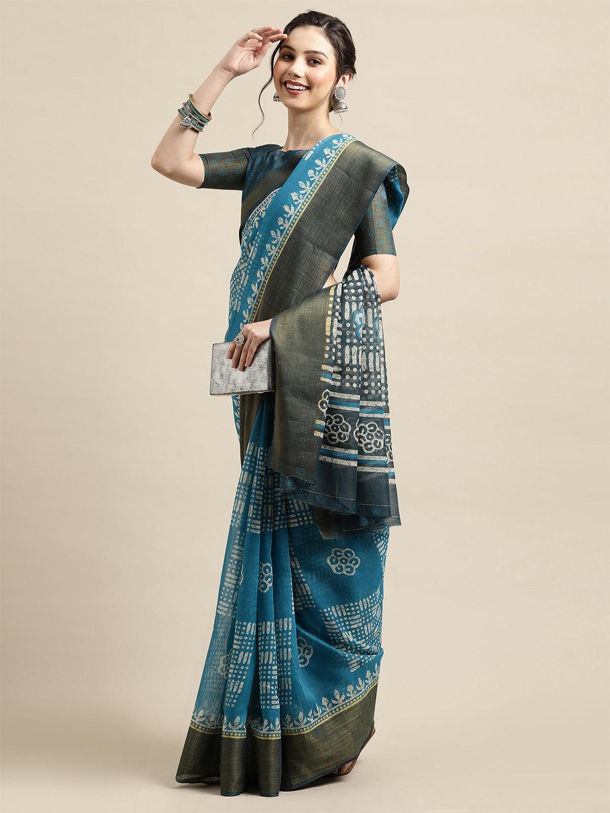 Sky blue Festive Semi Linen Printed Saree With Unstitched Blouse - Odette