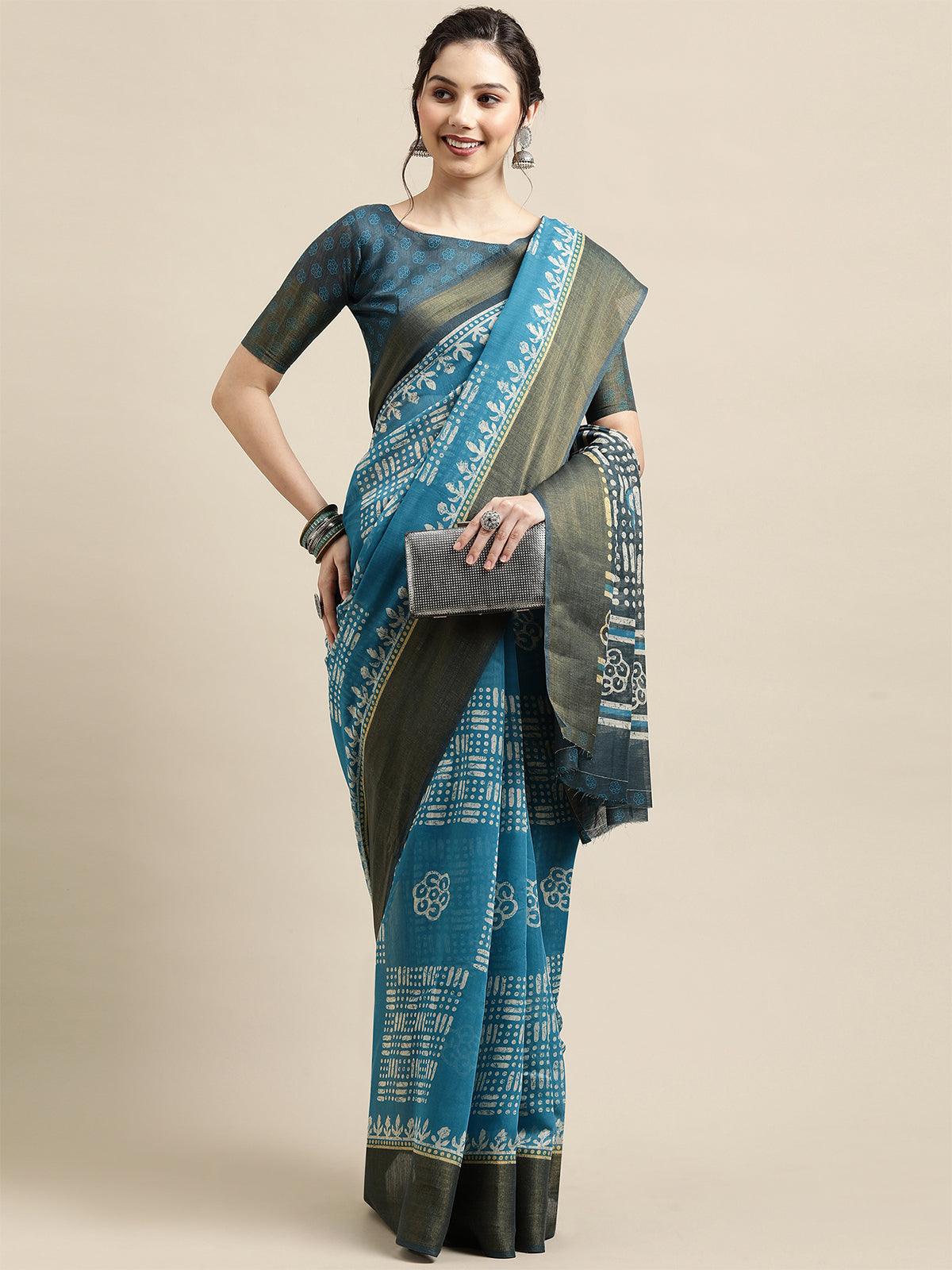 Sky blue Festive Semi Linen Printed Saree With Unstitched Blouse - Odette