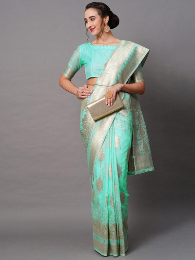 Sky blue Festive Silk Blend Embroidered Saree With Unstitched Blouse - Odette