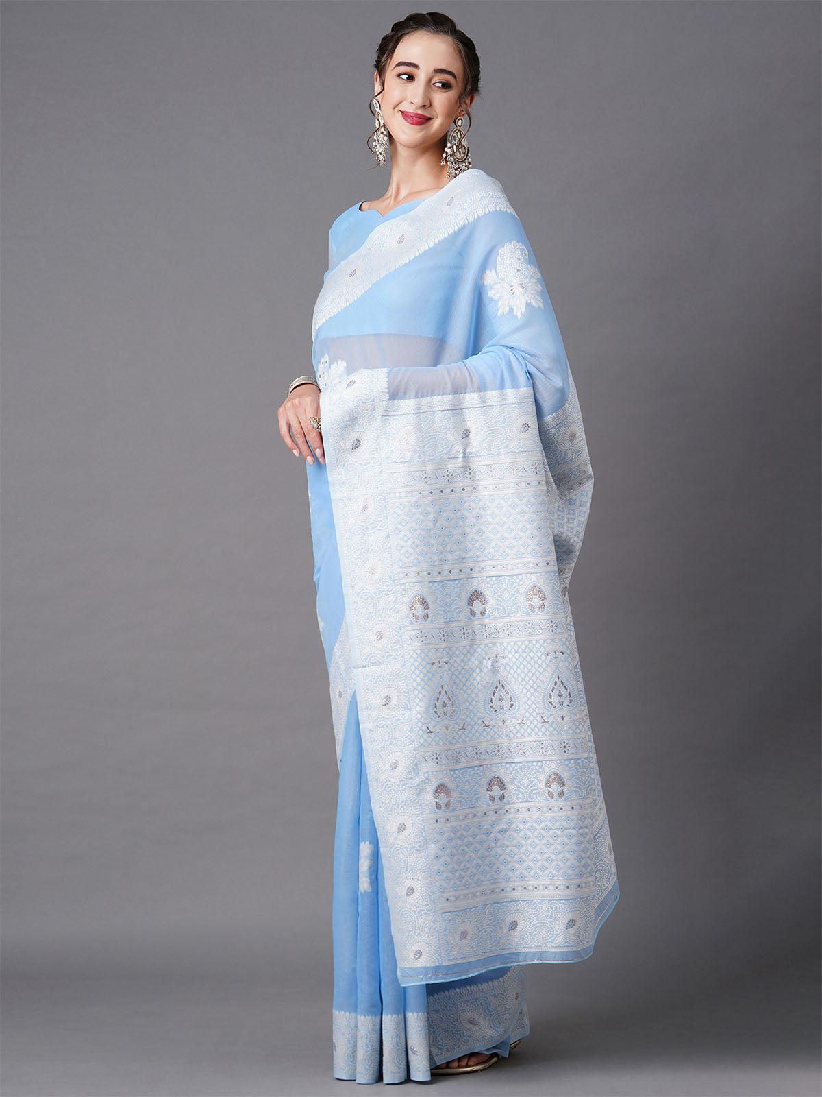 Sky blue Festive Silk Blend Woven Design Saree With Unstitched Blouse - Odette