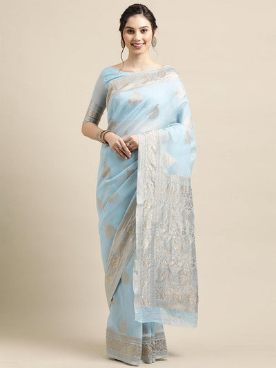 Sky Blue Festive Silk Blend Woven Design Saree With Unstitched Blouse - Odette