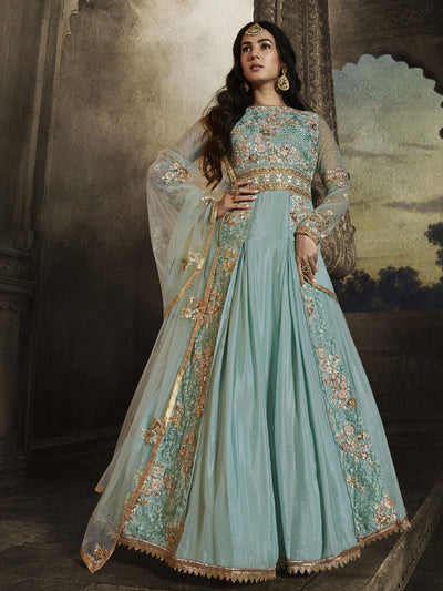 Sky Blue Unstitched Embroidered Dress Material With Dupatta - Odette