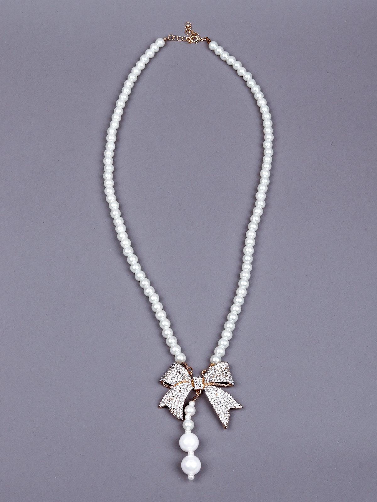 Sophisticated White Pearl Necklace With A Stunning Bow - Odette