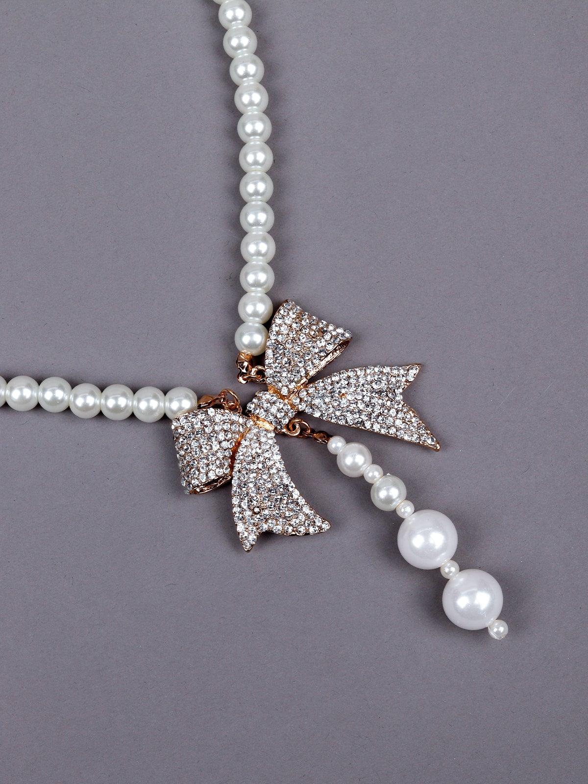 Sophisticated White Pearl Necklace With A Stunning Bow - Odette
