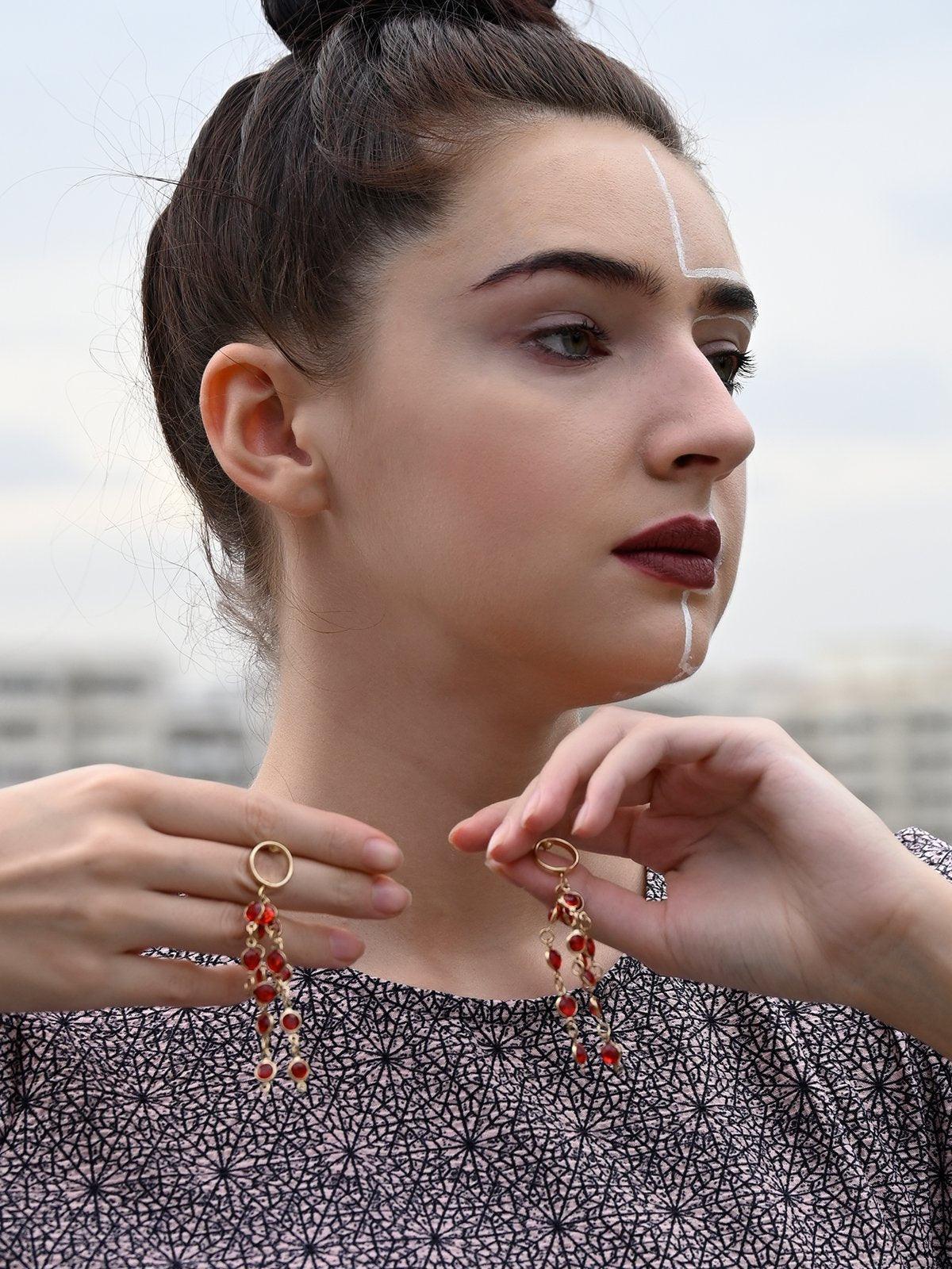 Red Crystal Triangle Earrings with Kolhapuri Charm – BeadznThreadz