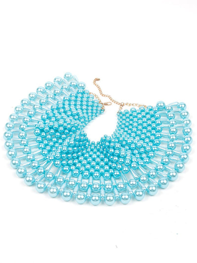 Spread Of Sea Blue Beaded Collar Necklace - Odette