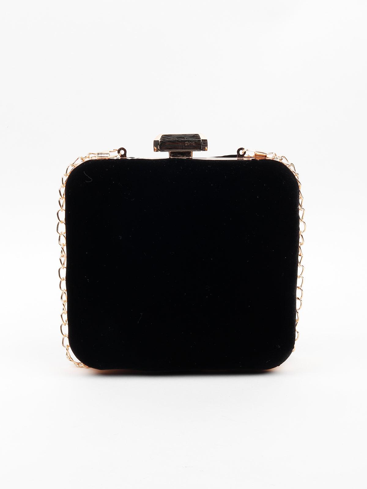 Square Suede Embroidery Crossbody Bag-Black - Odette