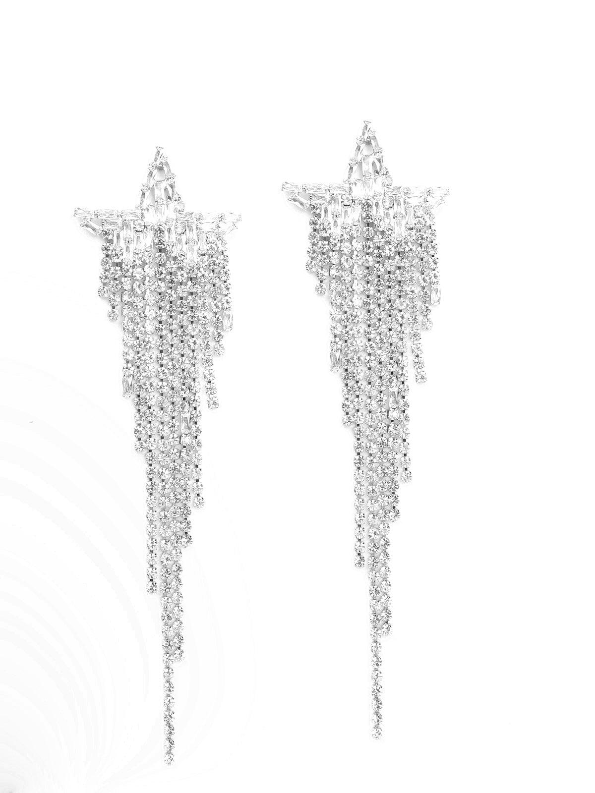 Star-Shaped Silver Tassel Drop Crystal Earrings - Odette