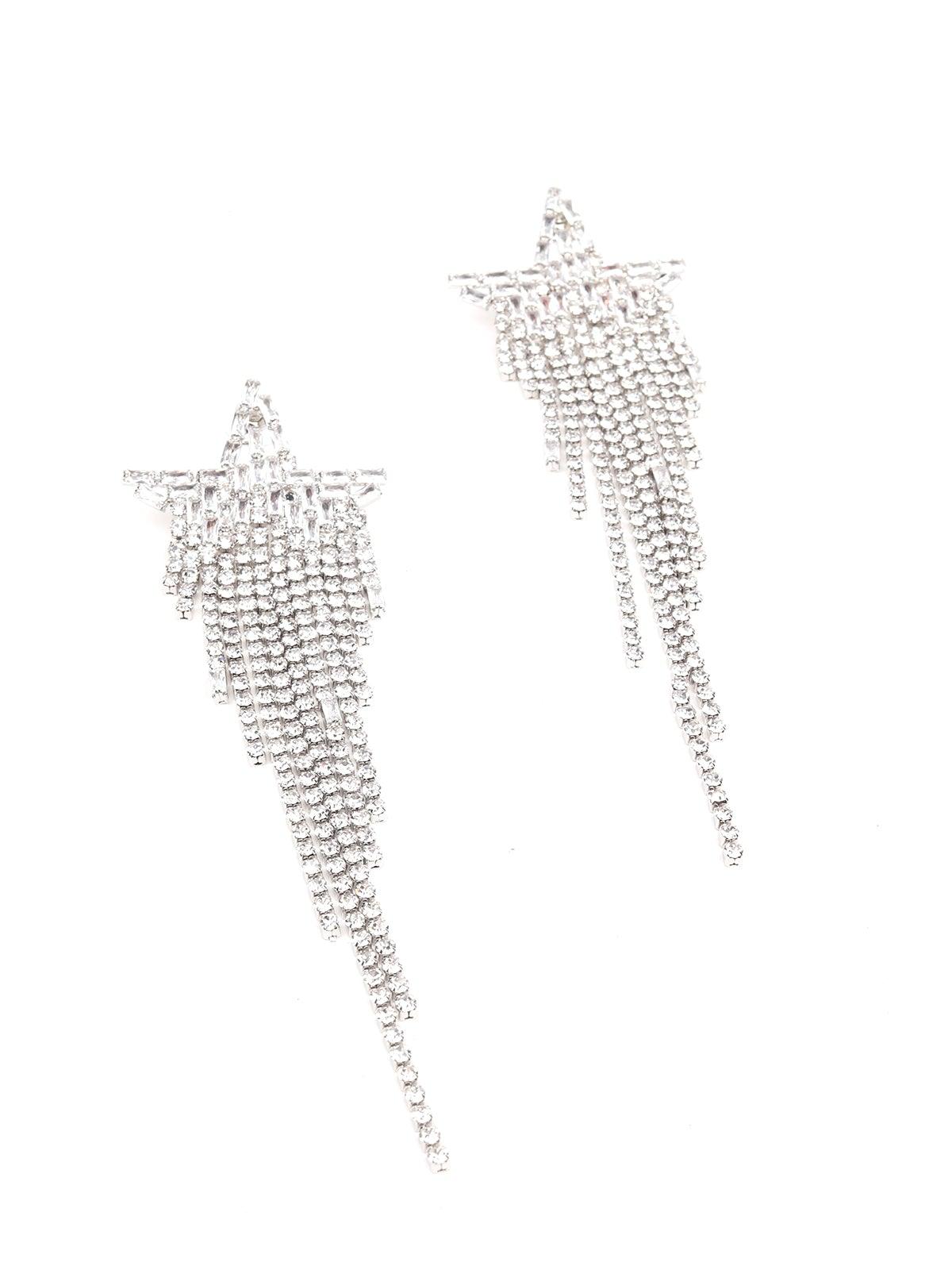 Star-Shaped Silver Tassel Drop Crystal Earrings - Odette