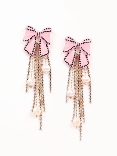 Stunning baby pink bow-shaped tassel earrings - Odette