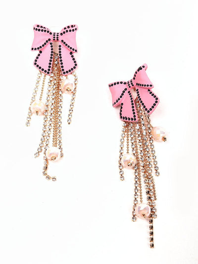 Stunning baby pink bow-shaped tassel earrings - Odette