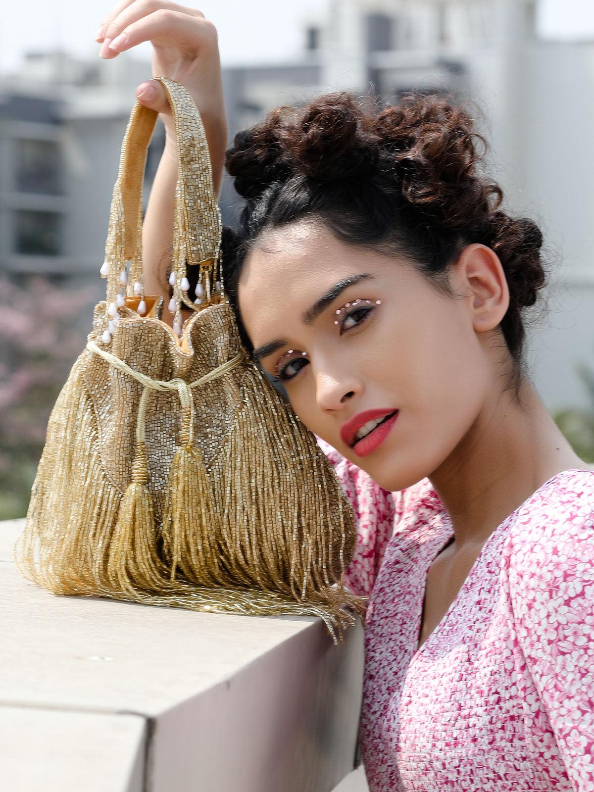 Stunning Gold fringes beaded Potli bag for women - Odette