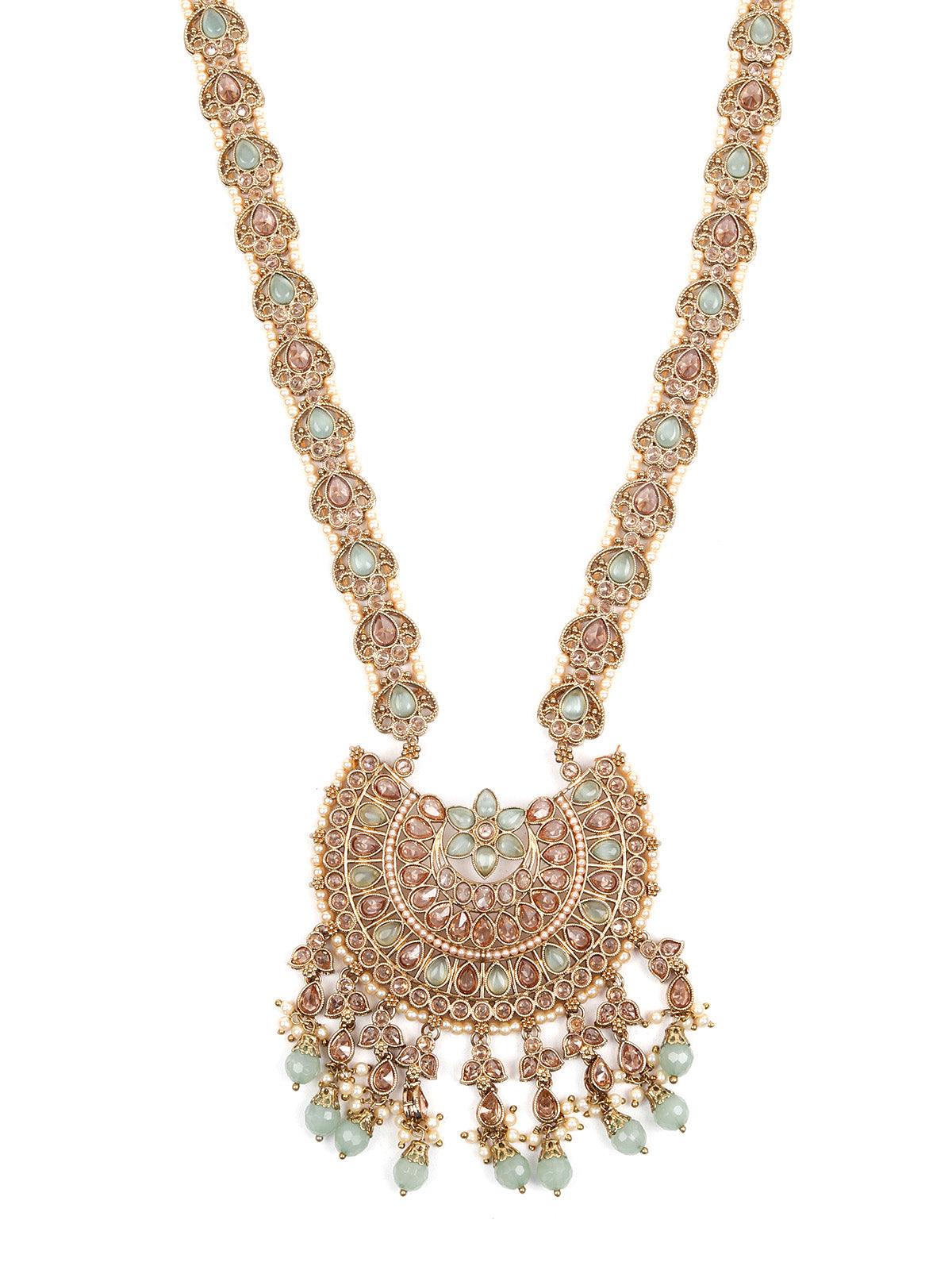 Stunning Long Gold Kundan Studded Necklace Set for Women - Odette