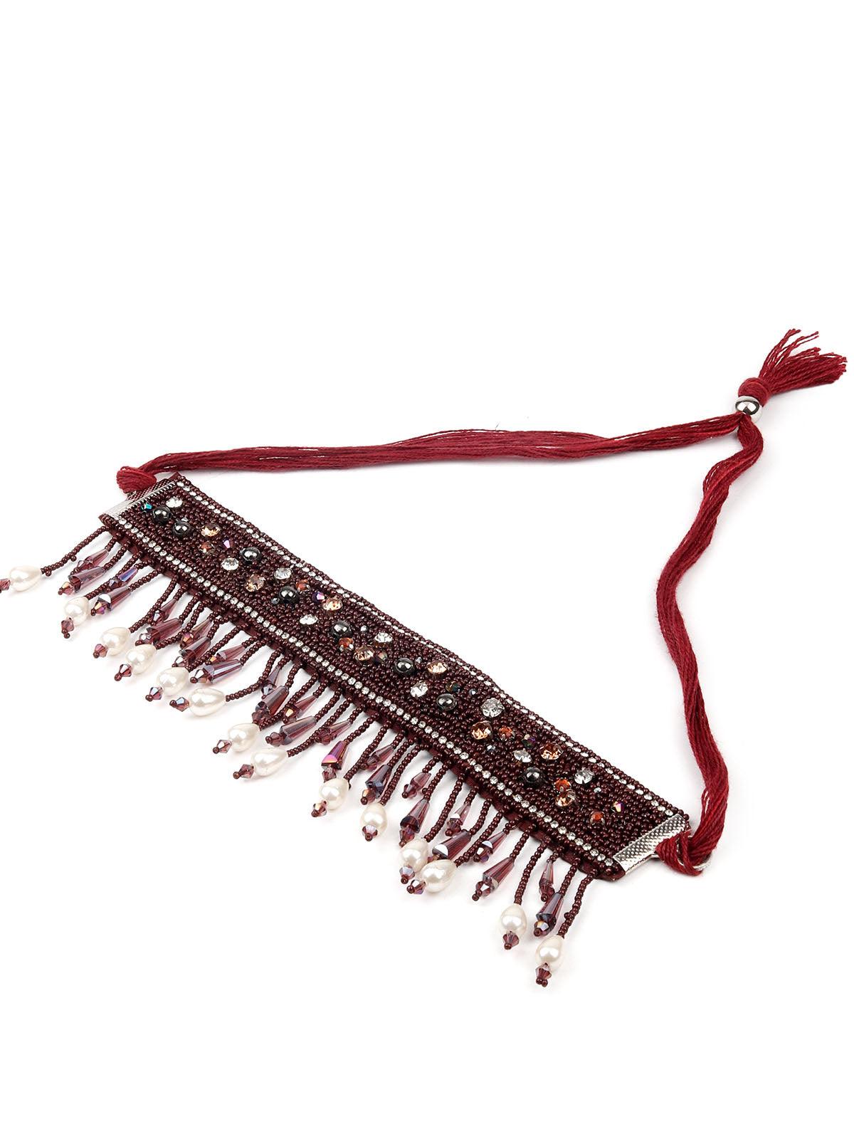 Stunning maroon beaded choker necklace set for women - Odette