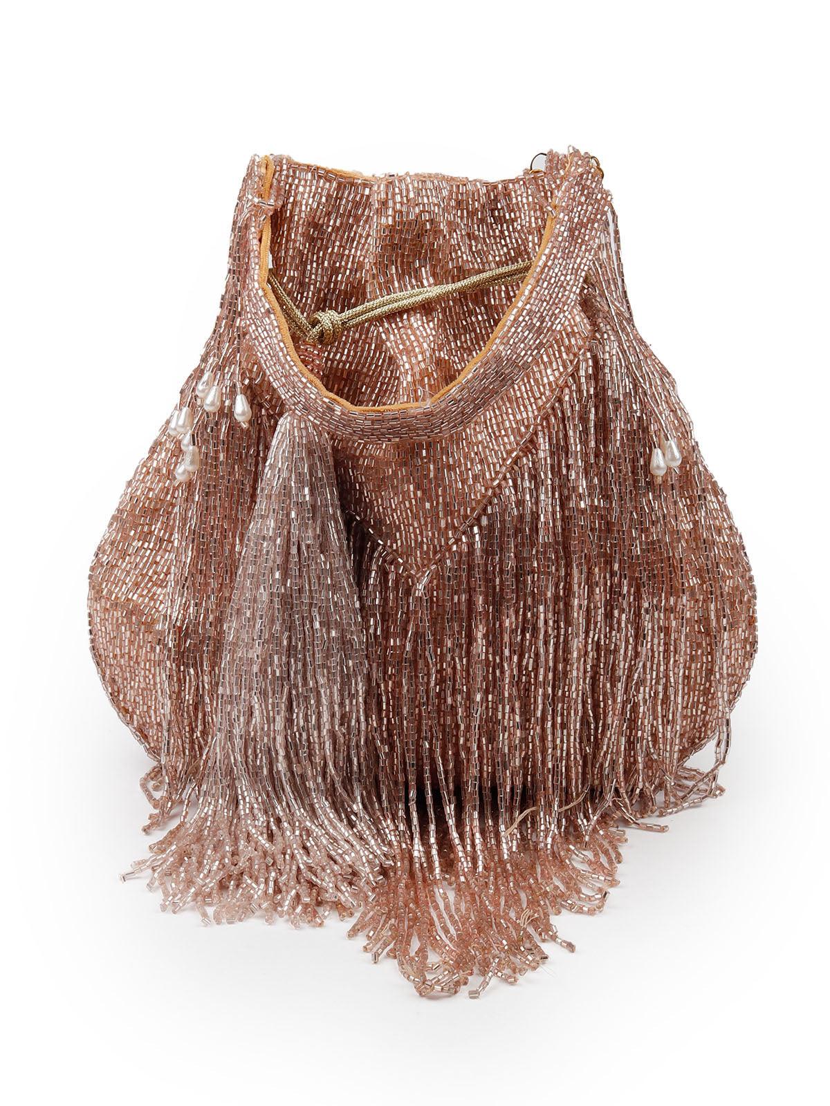 Stunning rose gold fringes beaded Potli  bag for women - Odette