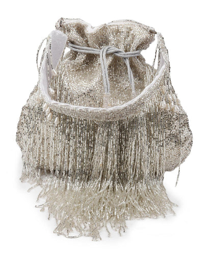 Stunning silver fringes beaded Potli bag for women - Odette