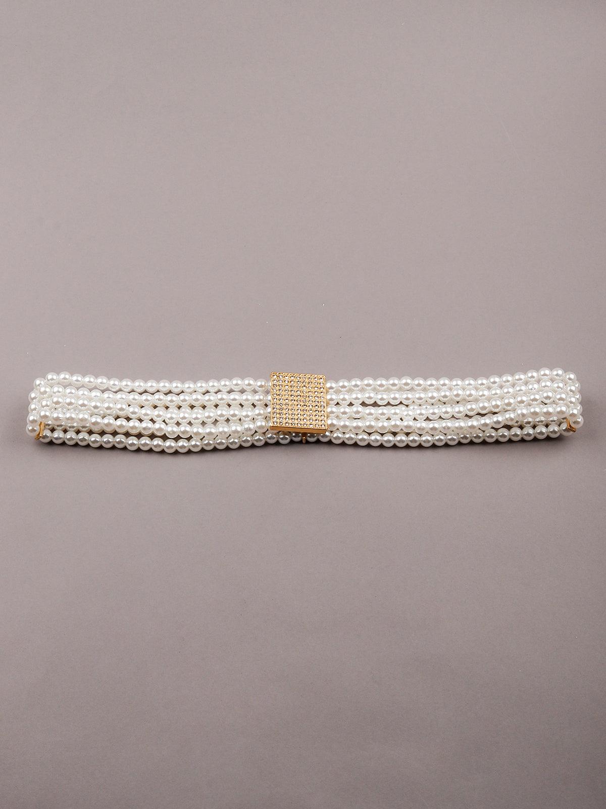 Stunning white artificial pearl-embellished waist belt for women - Odette