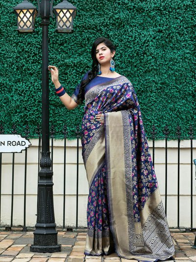 Stunning Woven Navy Banarasi Silk Saree - Odette