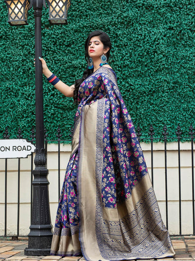 Stunning Woven Navy Banarasi Silk Saree - Odette