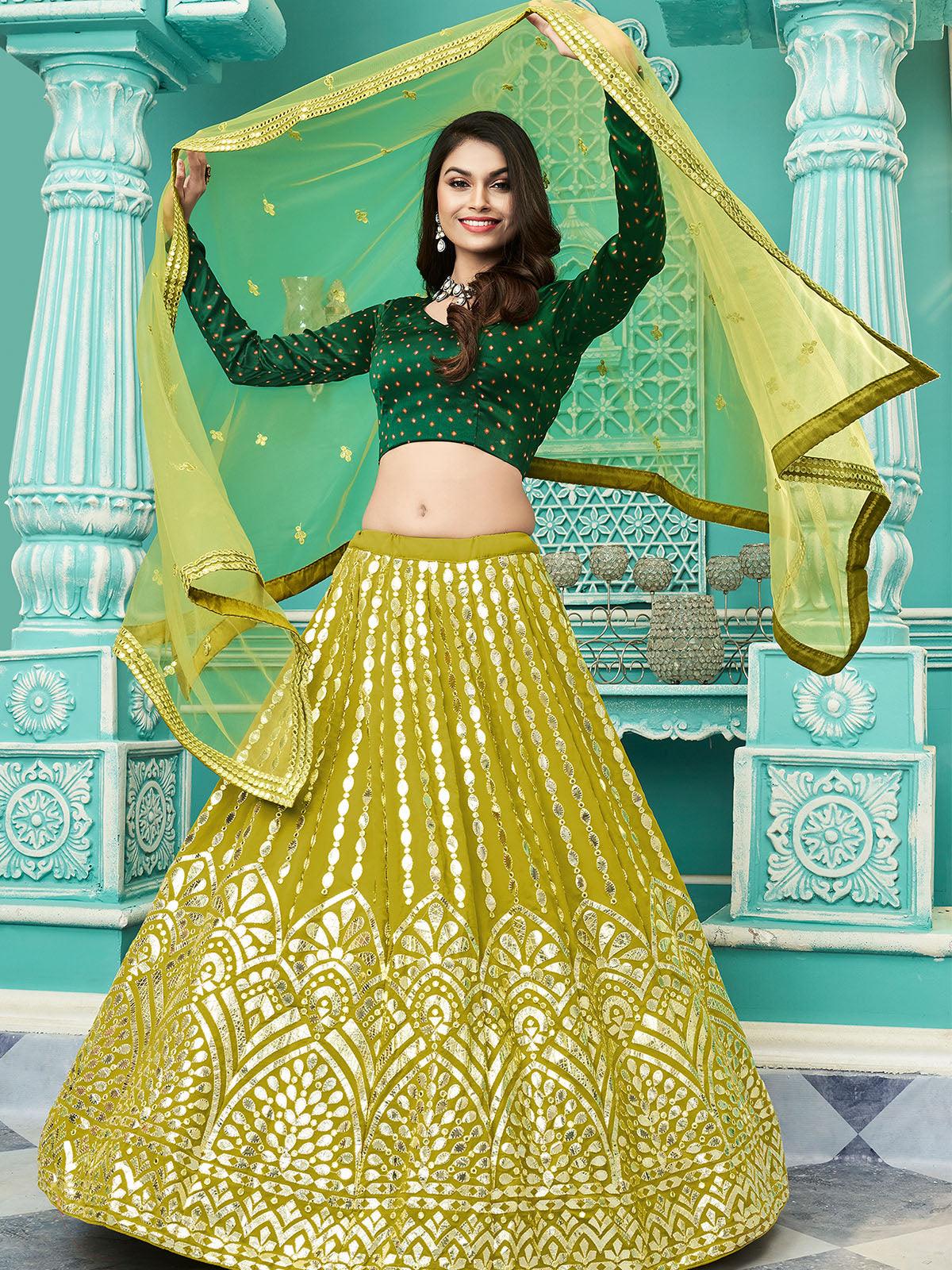 Stylish Florescent Green Georgette Lehenga Set - Odette