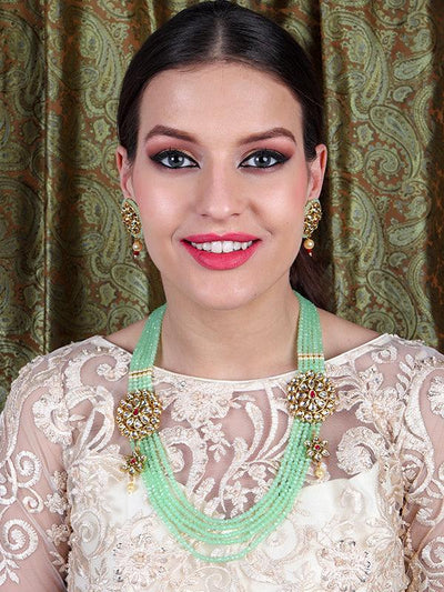 Stylish Flower Designed Kundan Side Pendants with Green Onyx Beaded Necklet & Earrings Set - Odette