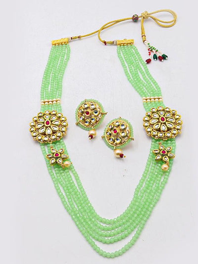 Stylish Flower Designed Kundan Side Pendants with Green Onyx Beaded Necklet & Earrings Set - Odette