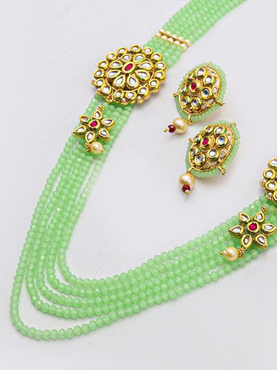 Stylish Flower Designed Kundan Side Pendants with Green Onyx Beaded Necklet & Earrings Set - Odette