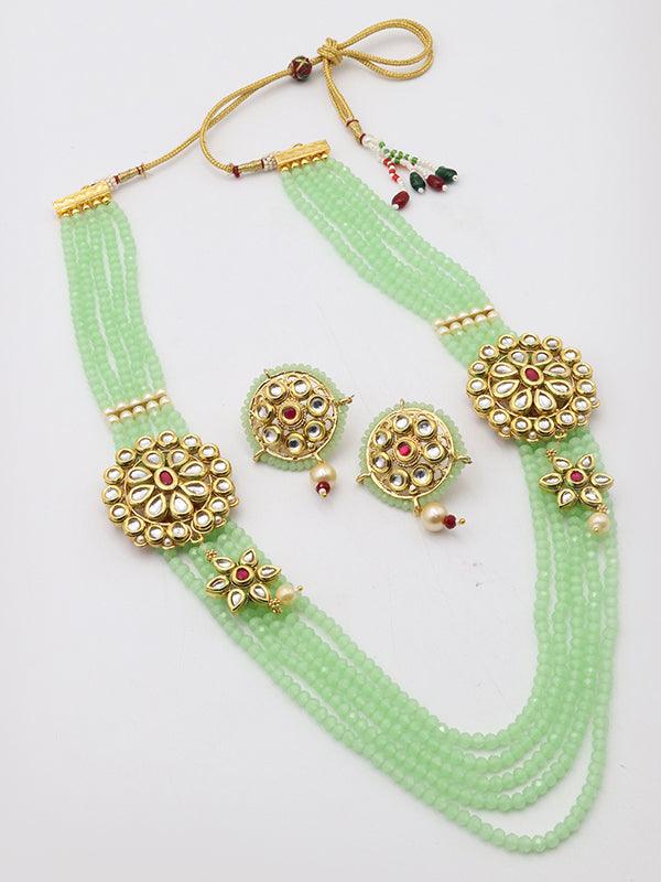 Stylish Flower Designed Kundan Side Pendants with Green Onyx Beaded Necklet & Earrings Set - Odette