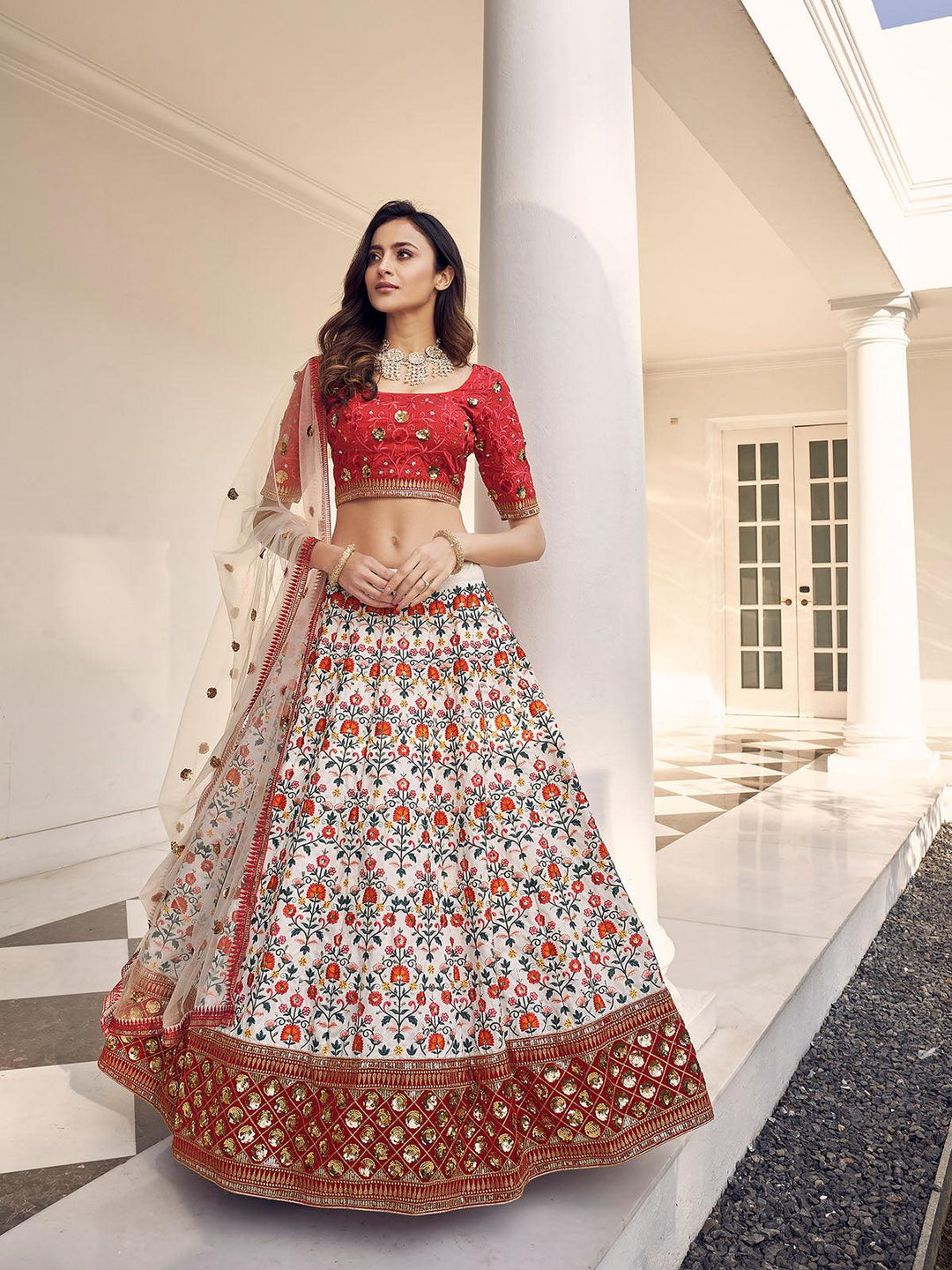 Buy Stylish White And Red Art Silk Lehenga Set – Odette