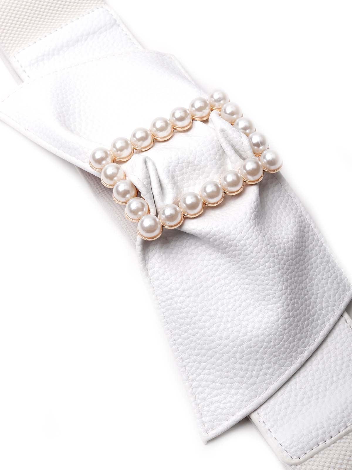 Stylish white waist belt studded with artifical pearls - Odette
