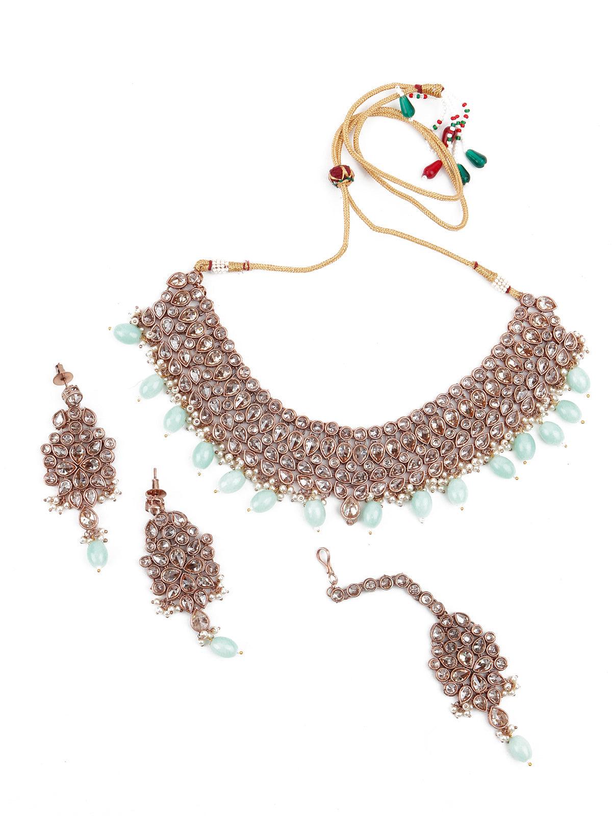 Supple Clear Stone-Green Mani Copper Tone Necklace Set - Odette