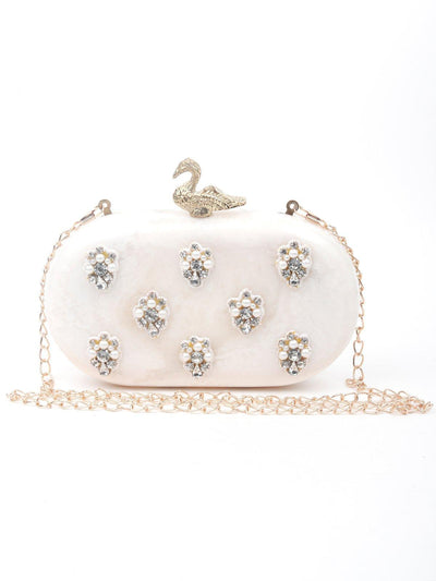 Swan clasp white crystal sling bag - Odette