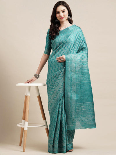 Teal blue Casual Bhagalpuri Silk Printed Saree With Unstitched Blouse - Odette